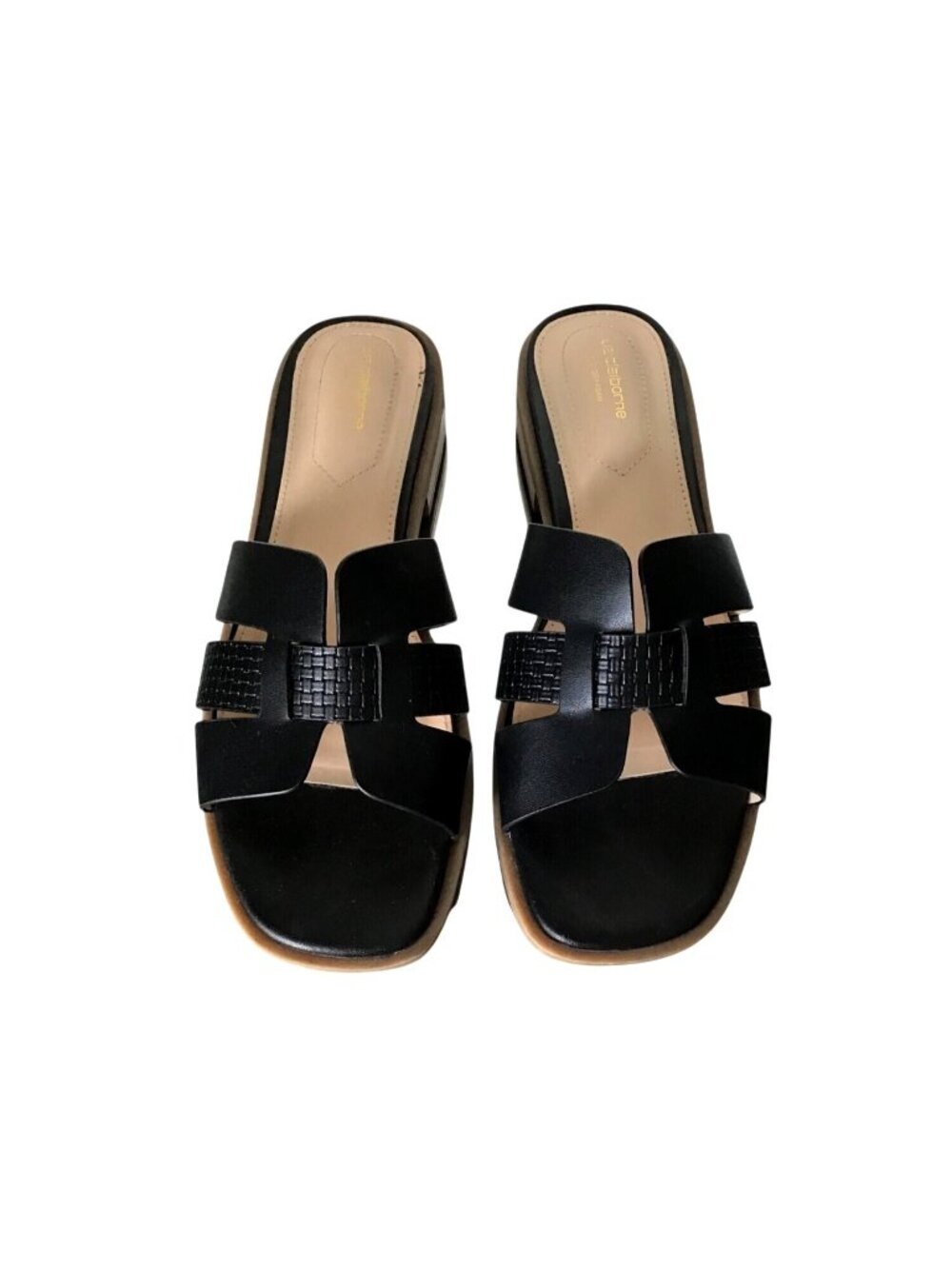 Liz Claiborne Womens Black Leather Slide Sandals Size 9 With Textured Straps & W